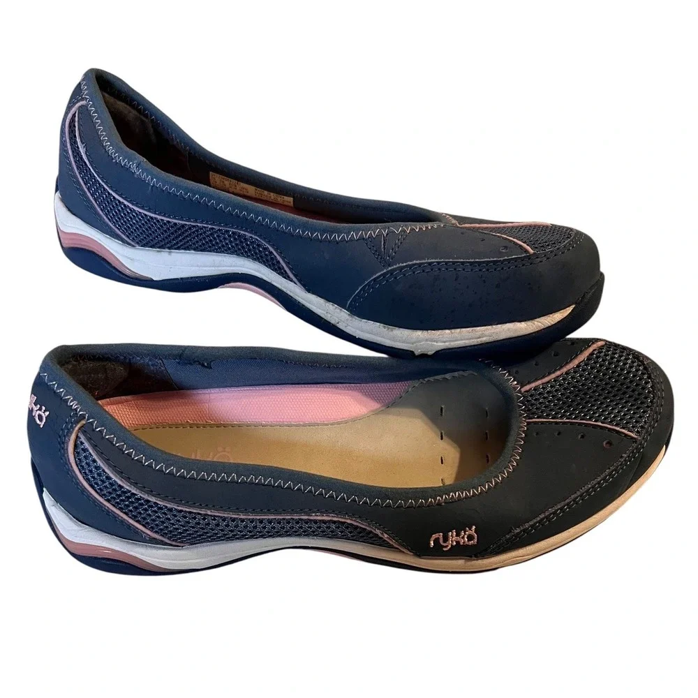 Ryka Women's Walking Comfort Flats Navy Pink Slip On Shoes Size 7.5W Wide